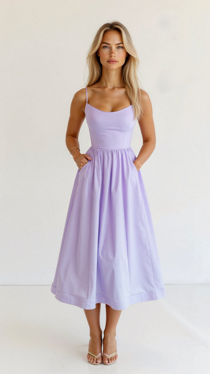 Women's A-Line Midi Dress With Spaghetti Straps Ascot Style Flowing Fit
