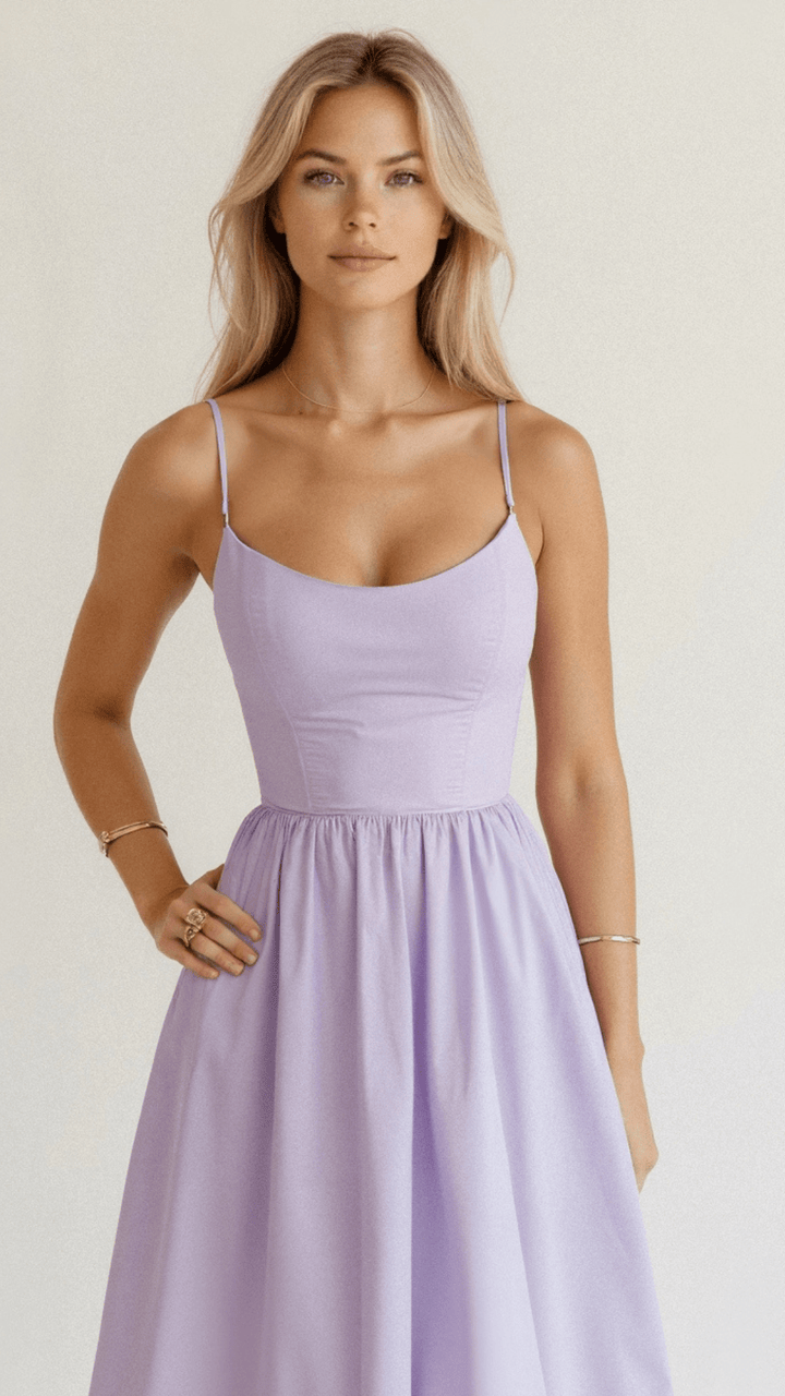 Women's A-Line Midi Dress With Spaghetti Straps Ascot Style Flowing Fit