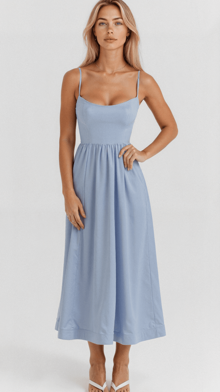 Women's A-Line Midi Dress With Spaghetti Straps Ascot Style Flowing Fit