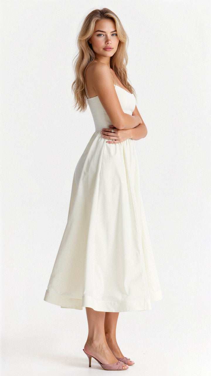 Women's A-Line Midi Dress With Spaghetti Straps Ascot Style Flowing Fit