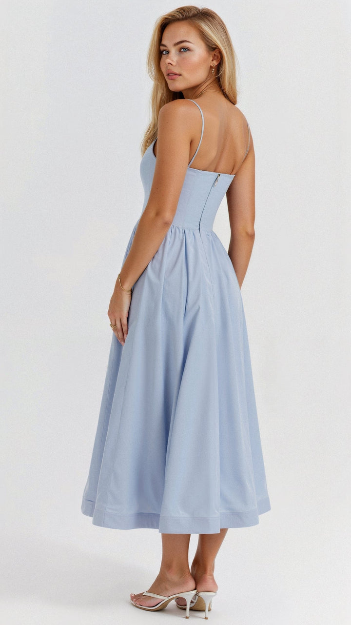 Women's A-Line Midi Dress With Spaghetti Straps Ascot Style Flowing Fit