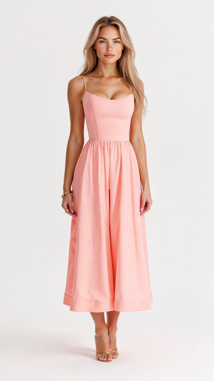 Women's A-Line Midi Dress With Spaghetti Straps Ascot Style Flowing Fit