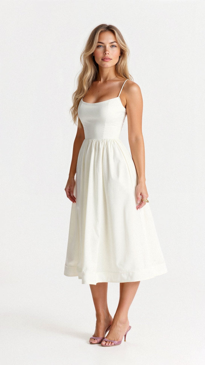 Women's A-Line Midi Dress With Spaghetti Straps Ascot Style Flowing Fit