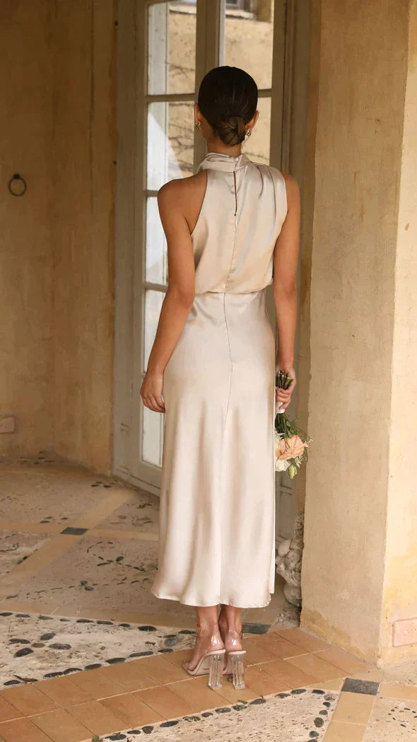 Women's Elegant Halter Midi Dress With Draped Neckline And Fluid Silhouette
