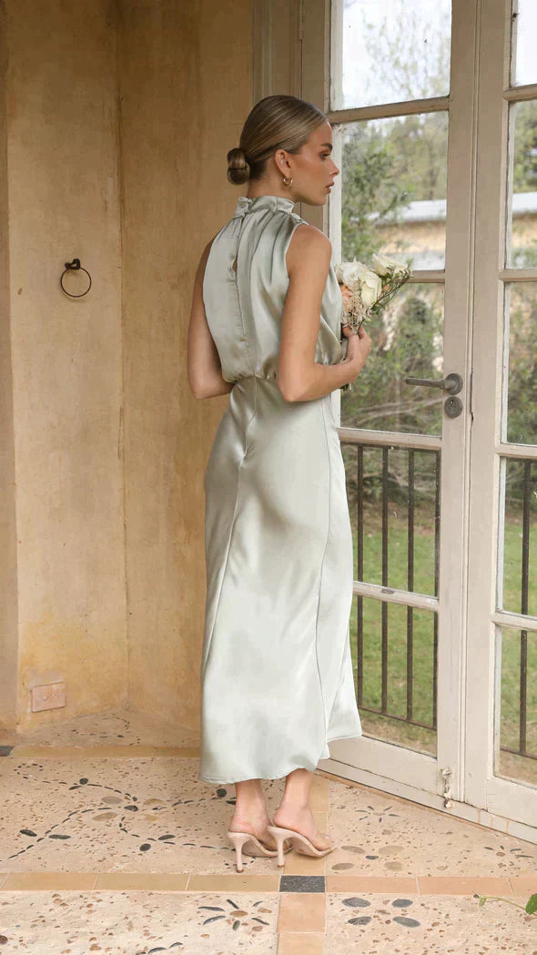 Women's Elegant Halter Midi Dress With Draped Neckline And Fluid Silhouette