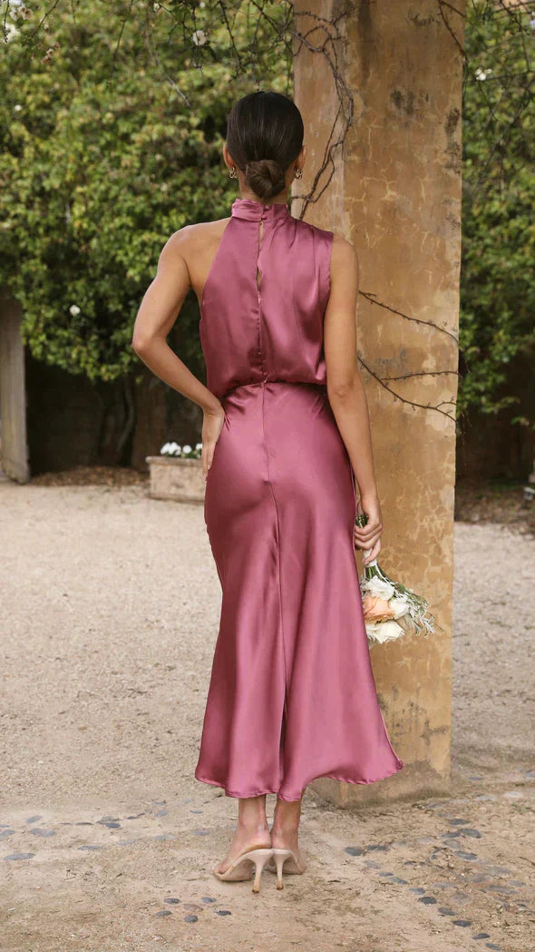 Women's Elegant Halter Midi Dress With Draped Neckline And Fluid Silhouette