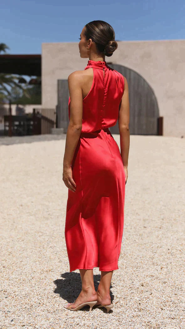 Women's Elegant Halter Midi Dress With Draped Neckline And Fluid Silhouette