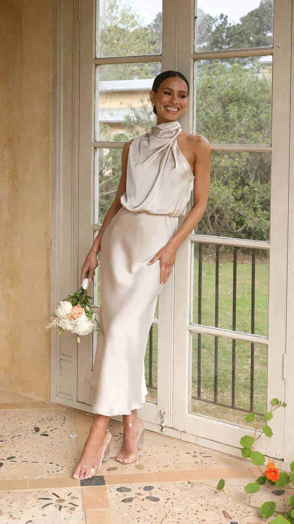 Women's Elegant Halter Midi Dress With Draped Neckline And Fluid Silhouette