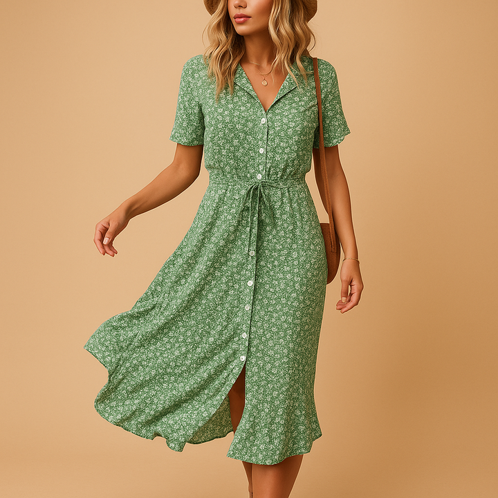 The Women's Floral Midi Dress With Short Sleeves And Lightweight Fit For Summer