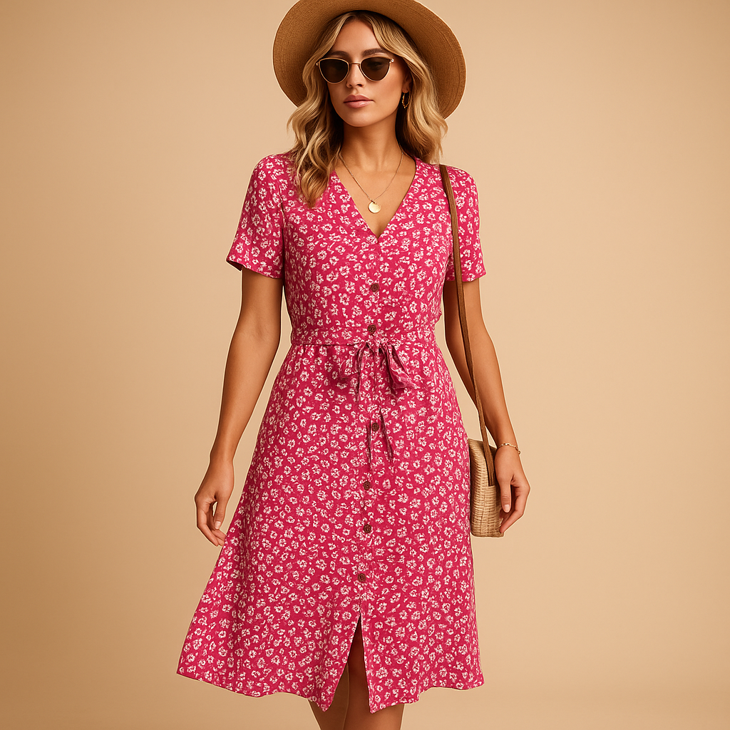 The Women's Floral Midi Dress With Short Sleeves And Lightweight Fit For Summer