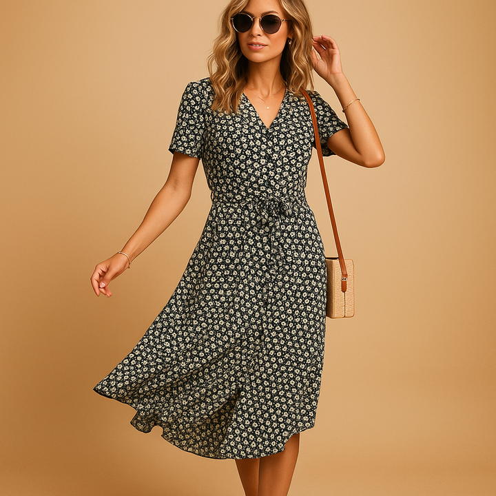 The Women's Floral Midi Dress With Short Sleeves And Lightweight Fit For Summer