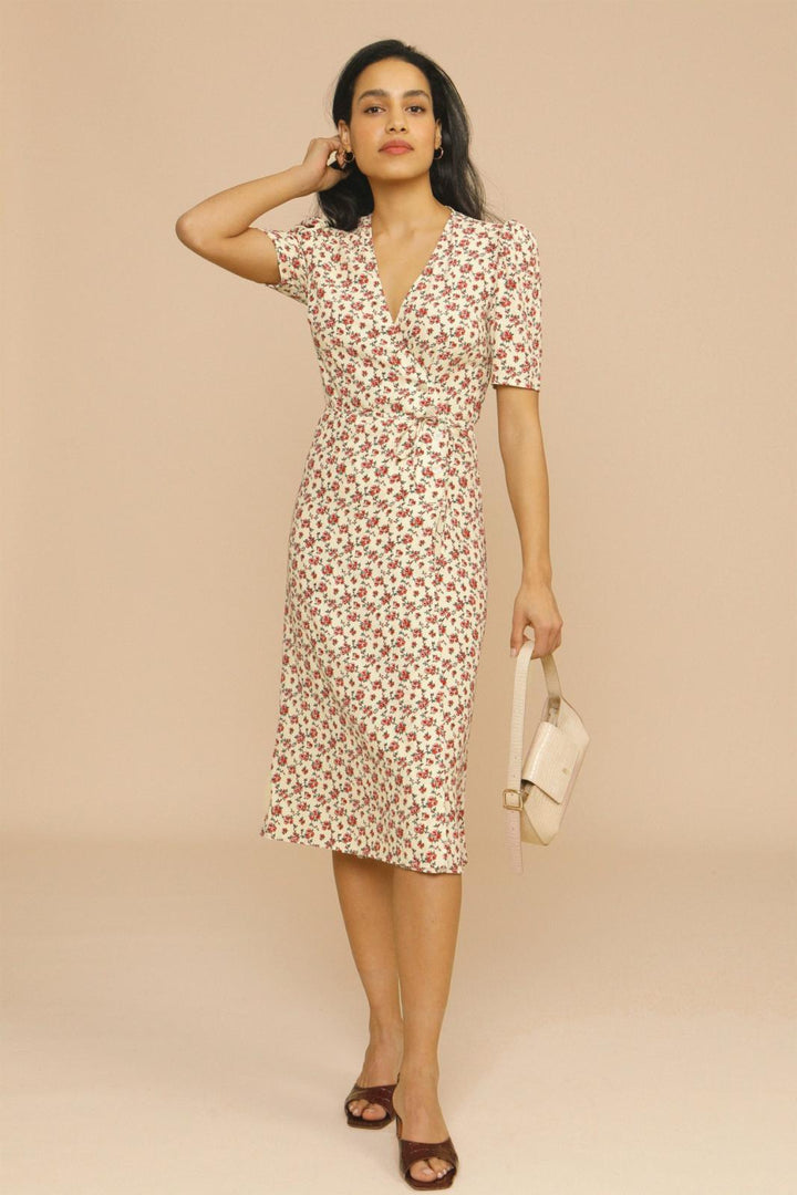 Women's Floral Midi Dress With V-Neck For Garden Party Elegance And Daytime Events