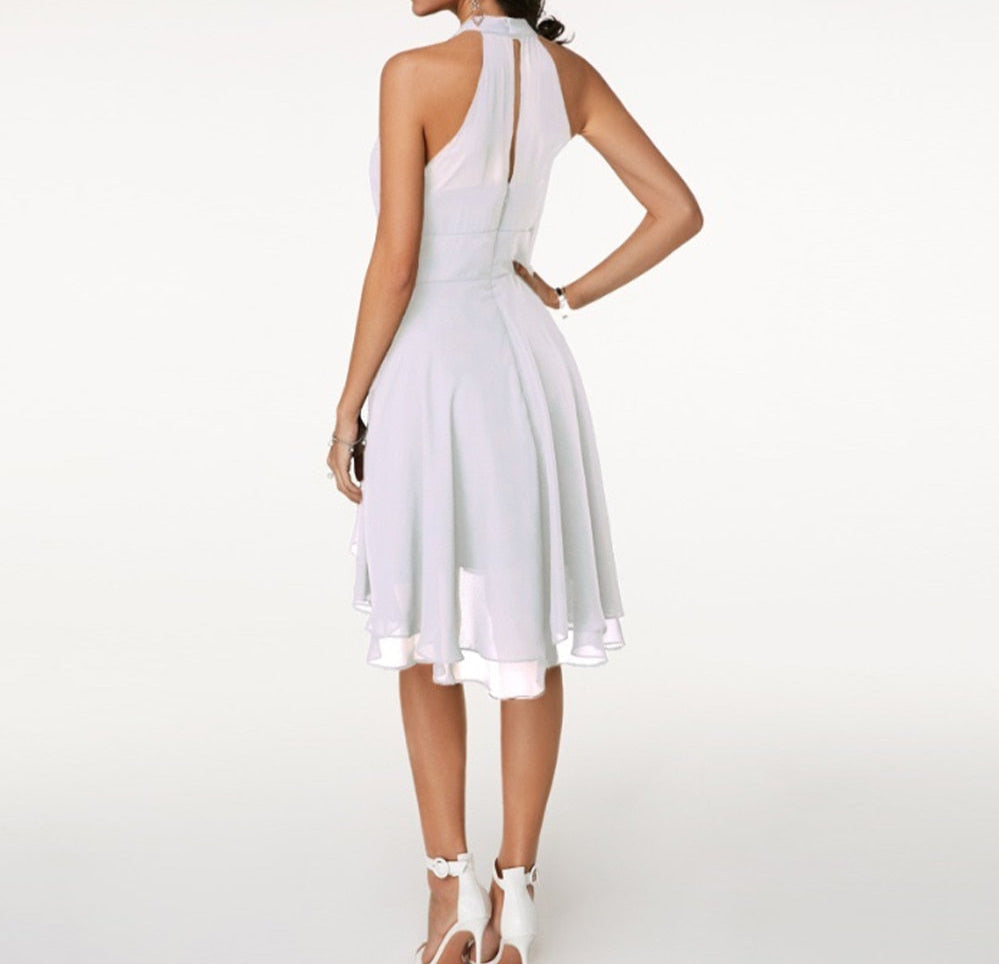Classic Women's Halter Midi Dress With Flared Skirt And Ruffle Detailing