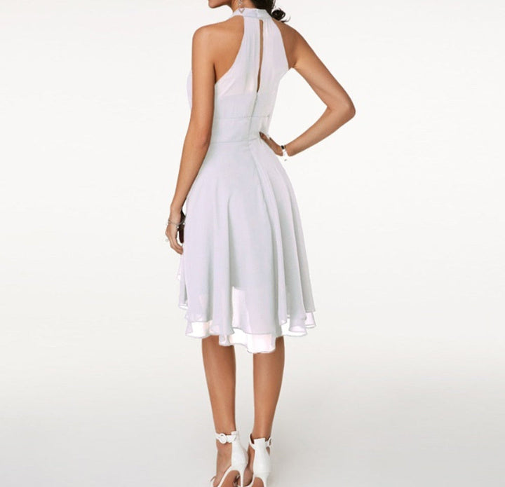 Classic Women's Halter Midi Dress With Flared Skirt And Ruffle Detailing