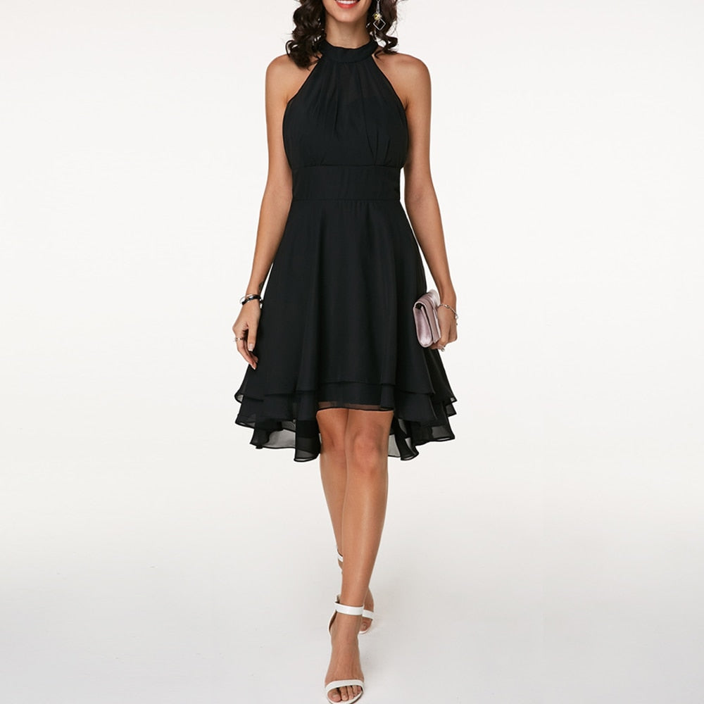 Classic Women's Halter Midi Dress With Flared Skirt And Ruffle Detailing