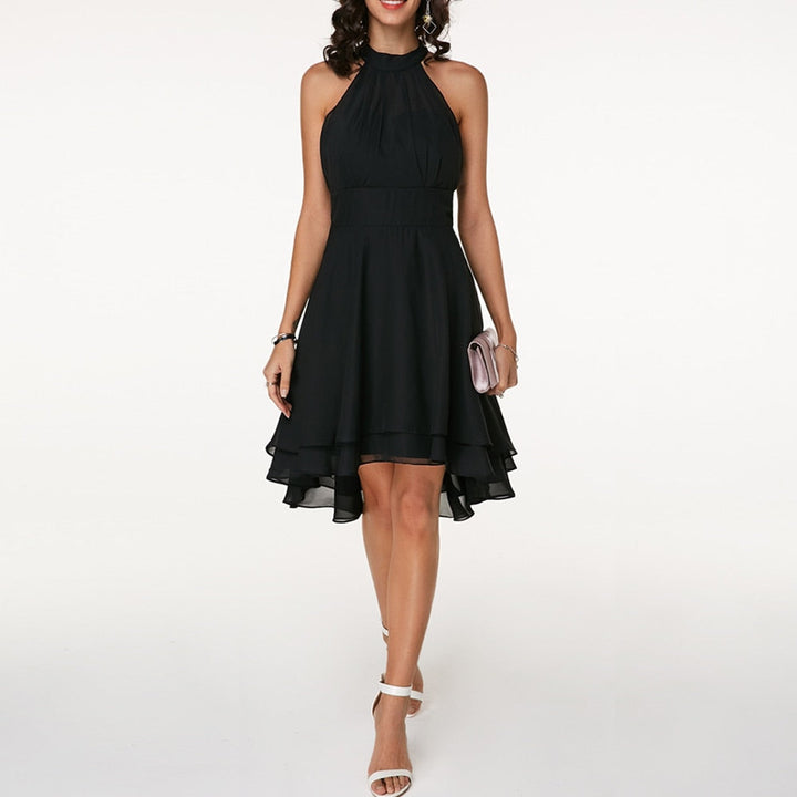 Classic Women's Halter Midi Dress With Flared Skirt And Ruffle Detailing