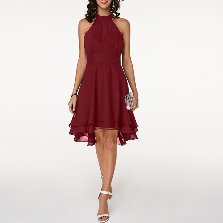 Classic Women's Halter Midi Dress With Flared Skirt And Ruffle Detailing