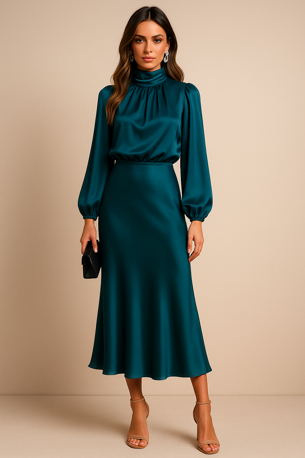 Women's High Neck Midi Dress With Elegant High Waist Silhouette For Everyday Style