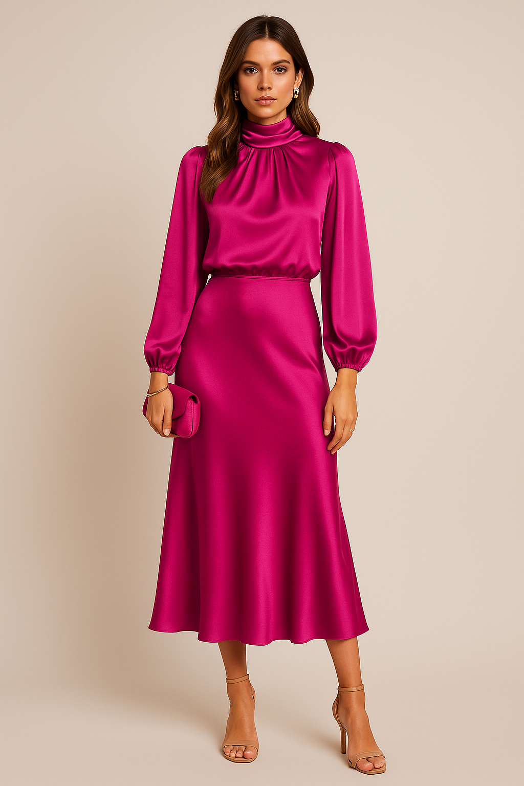 Women's High Neck Midi Dress With Elegant High Waist Silhouette For Everyday Style