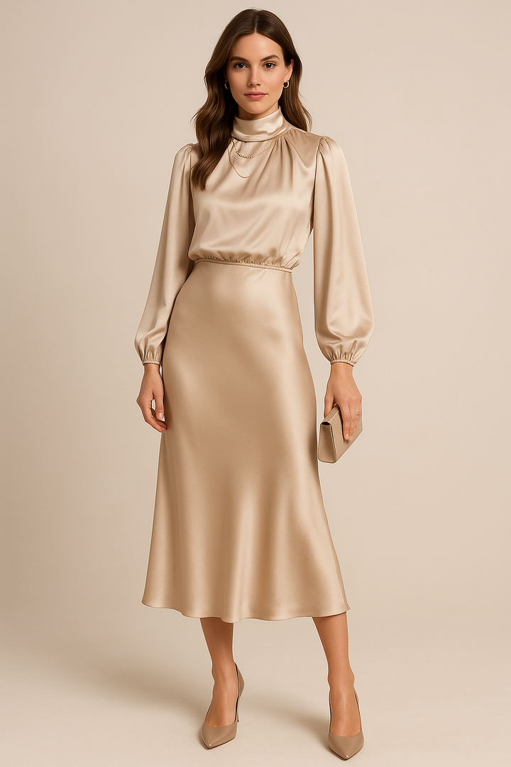 Women's High Neck Midi Dress With Elegant High Waist Silhouette For Everyday Style