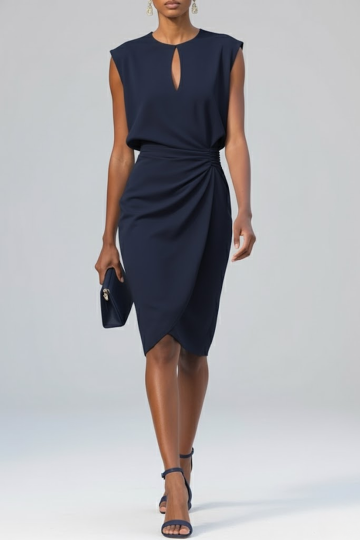 Keyhole Neck Midi Cocktail Dress For Women With Elegant Ruched Waist Design