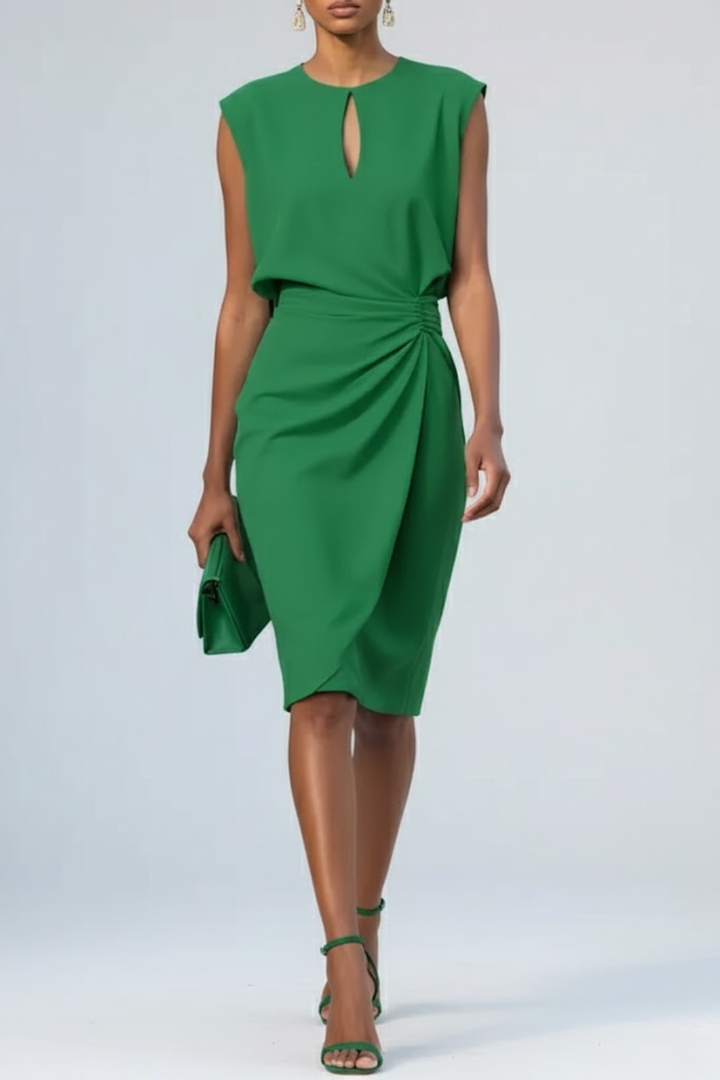 Keyhole Neck Midi Cocktail Dress For Women With Elegant Ruched Waist Design