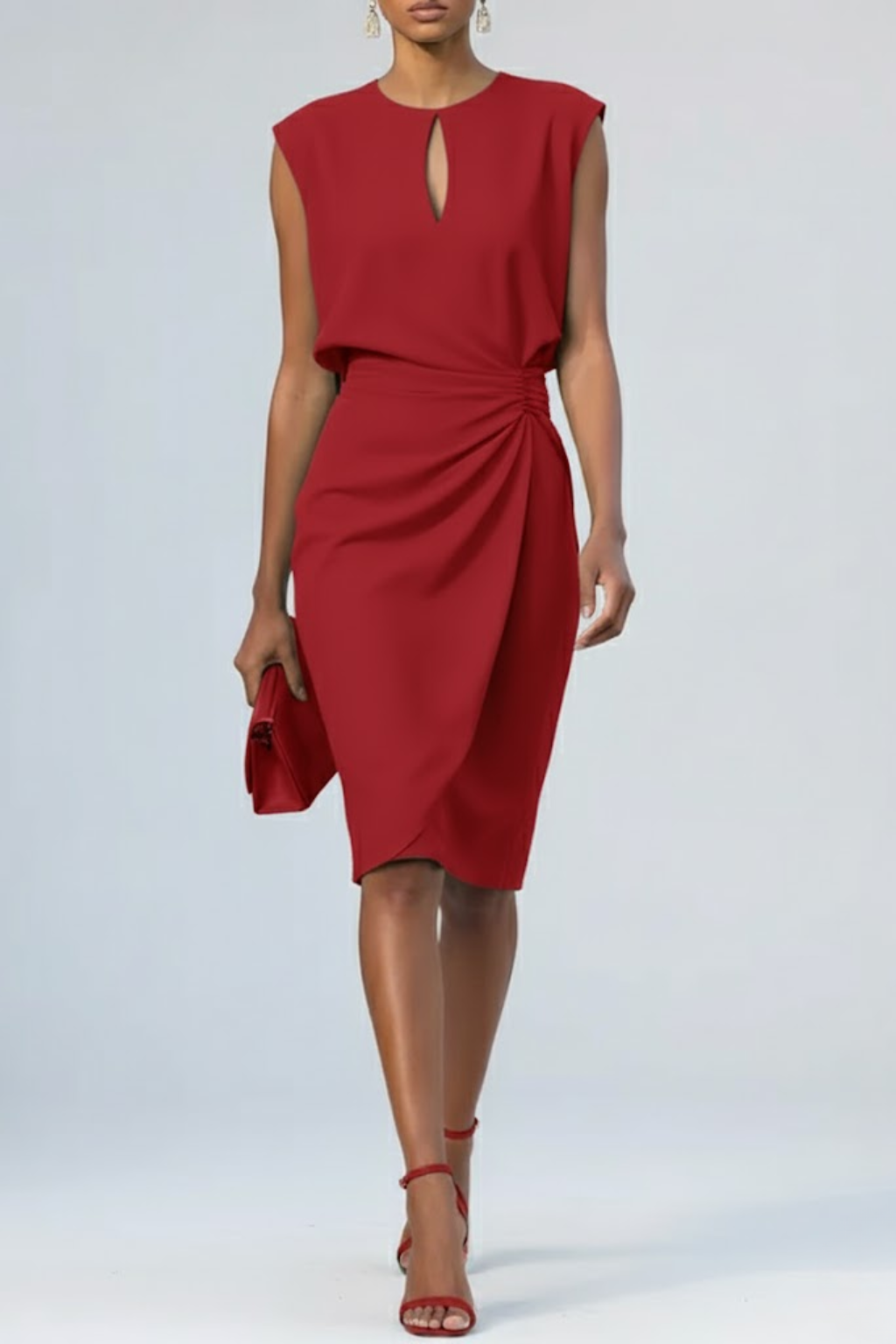 Keyhole Neck Midi Cocktail Dress For Women With Elegant Ruched Waist Design