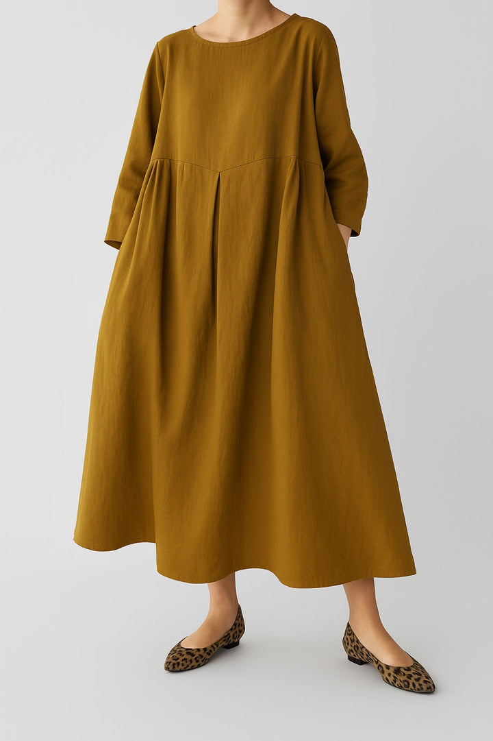 Women's Relaxed Fit Midi Dress With Wide Silhouette And Front Pleat Detailing