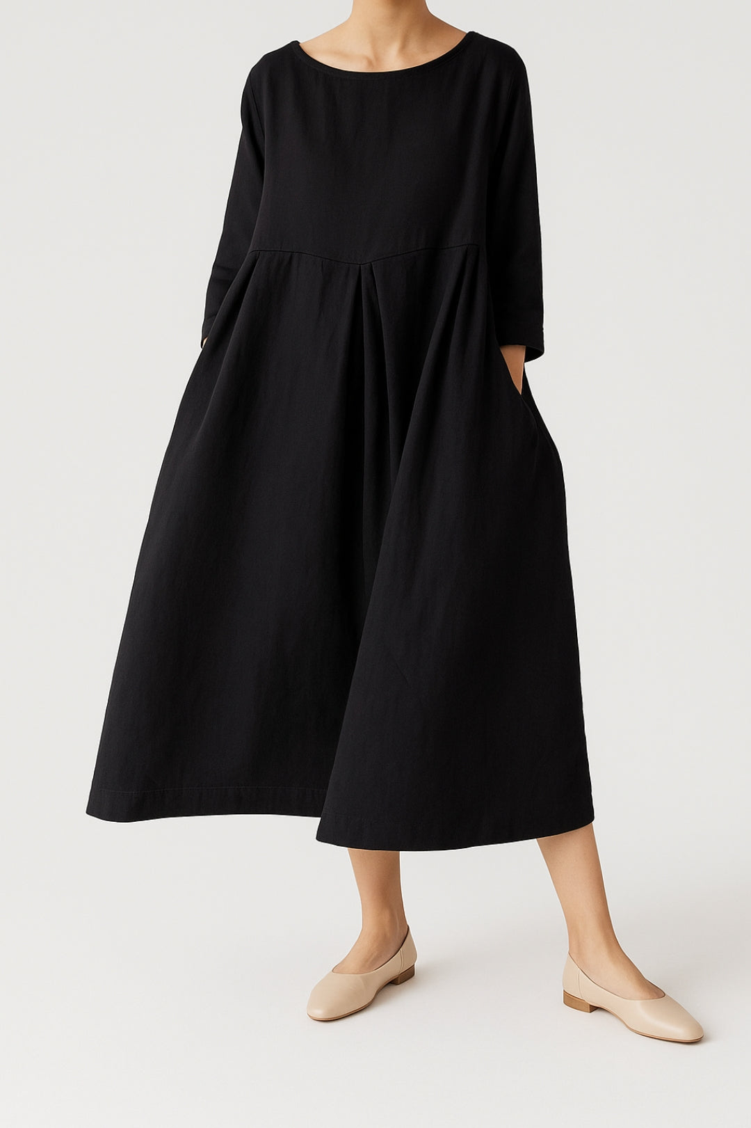 Women's Relaxed Fit Midi Dress With Wide Silhouette And Front Pleat Detailing