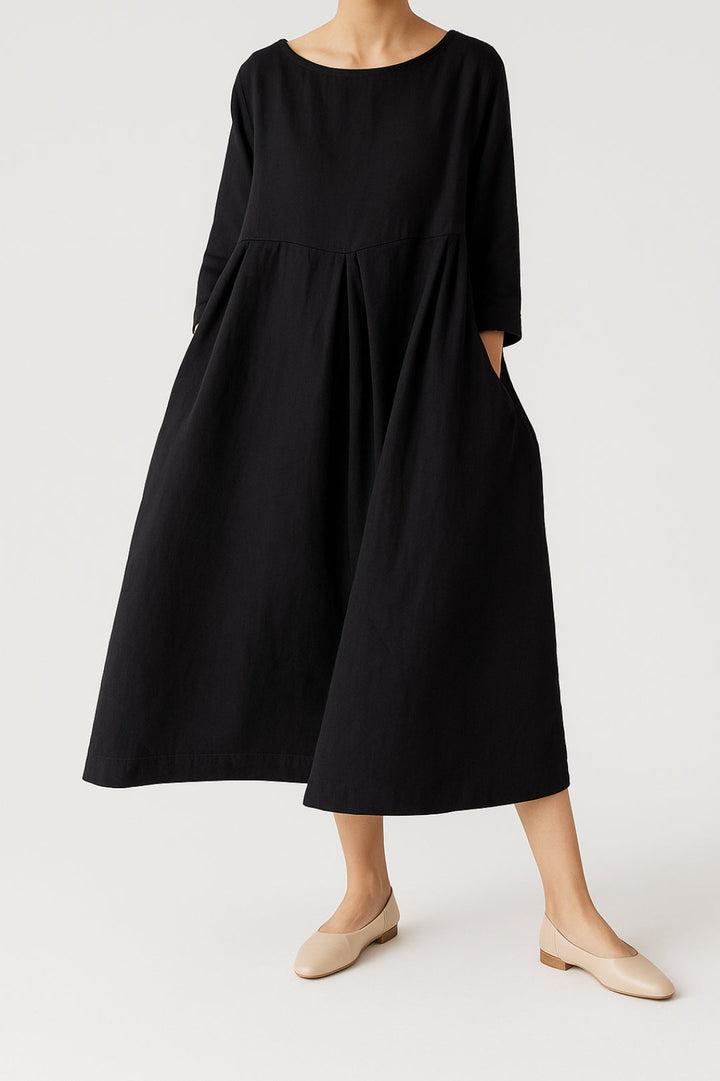 Women's Relaxed Fit Midi Dress With Wide Silhouette And Front Pleat Detailing
