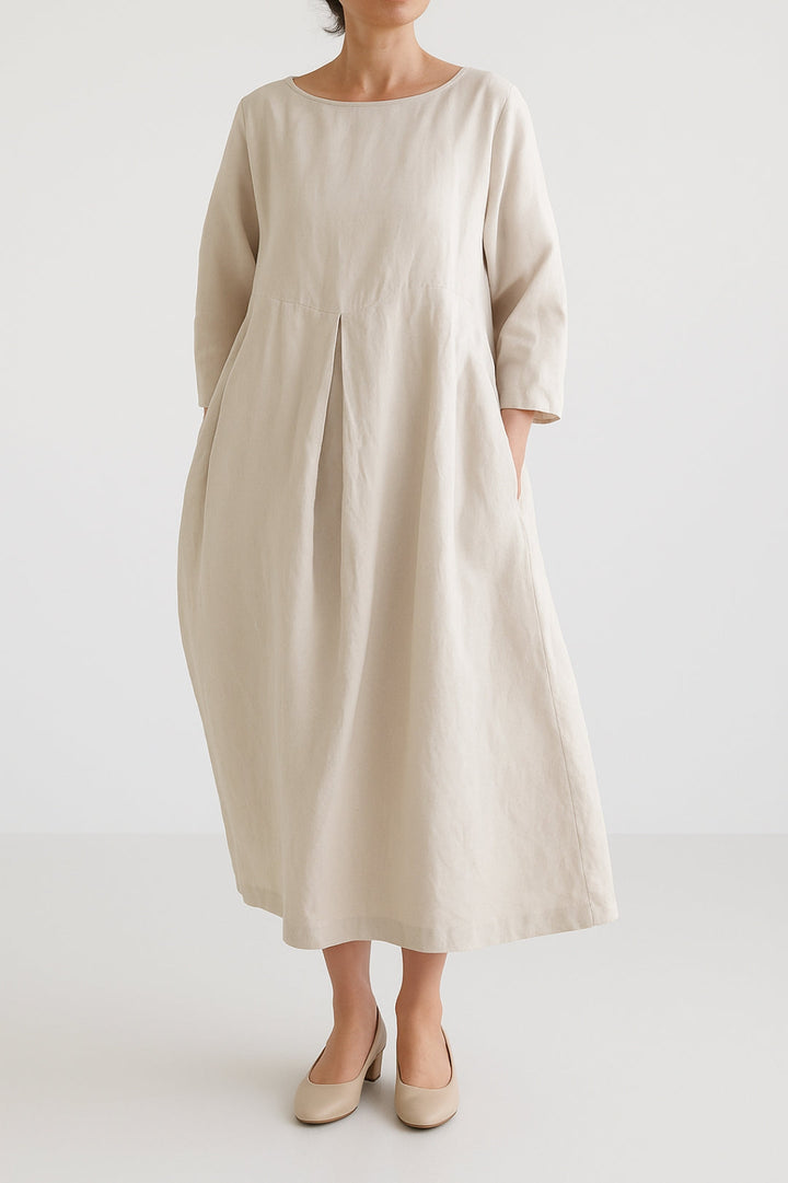 Women's Relaxed Fit Midi Dress With Wide Silhouette And Front Pleat Detailing