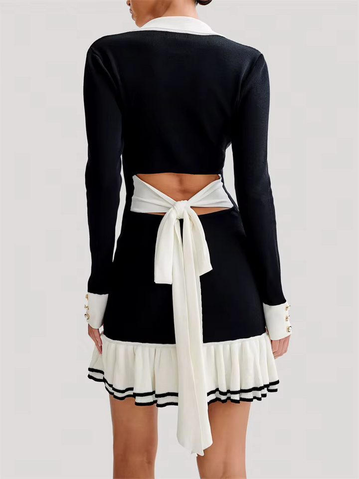 Women's Mini Knit Dress With Button Front, Contrast Trim, And Collared