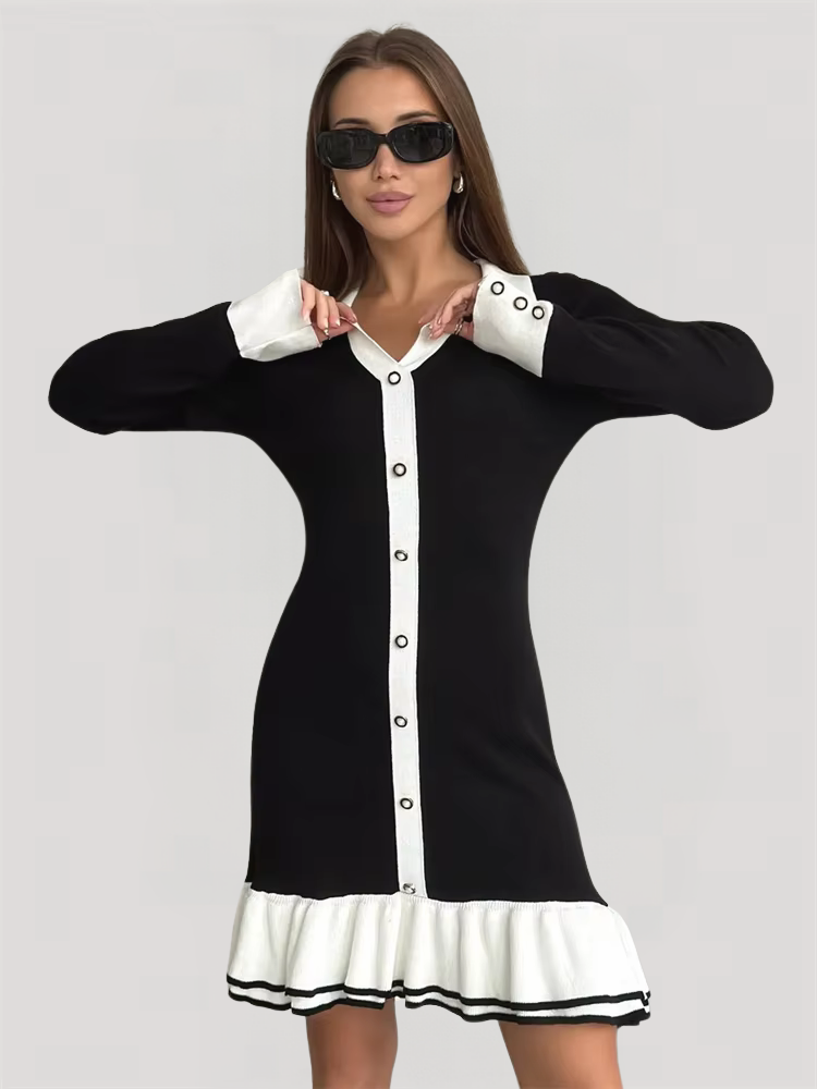 Women's Mini Knit Dress With Button Front, Contrast Trim, And Collared