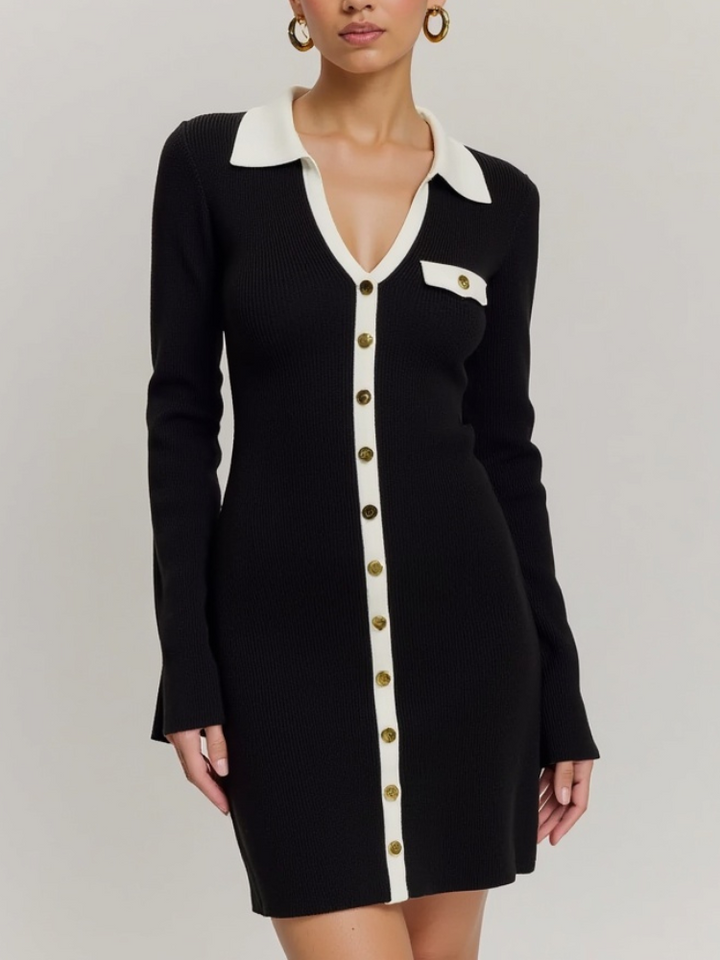Women's Mini Knit Dress With Button Front, Contrast Trim, And Collared