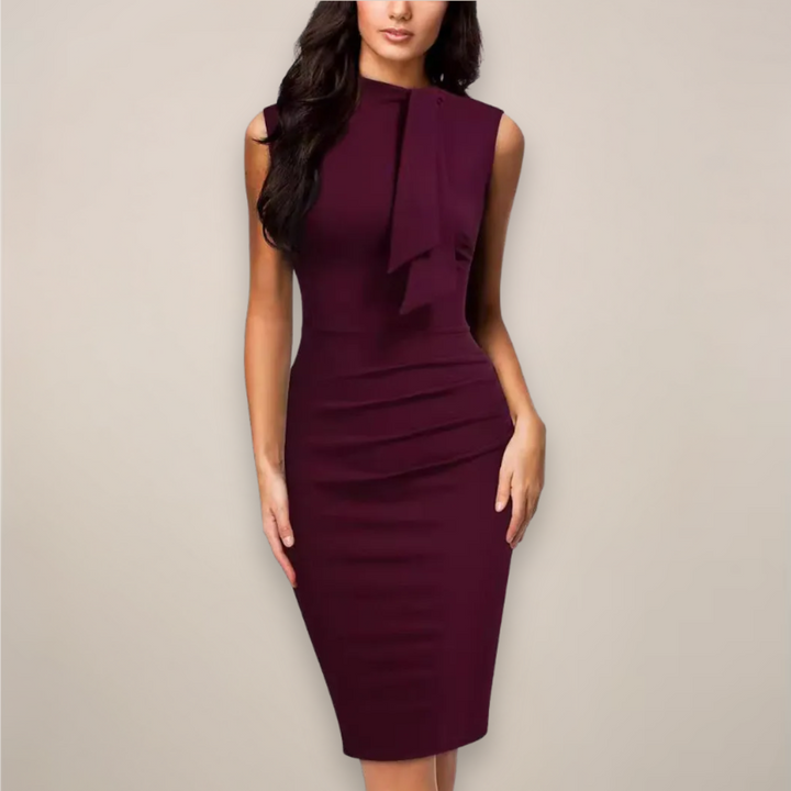Ladies Sleeveless Sheath Midi Dress With V Neck Wrap For Work And Events