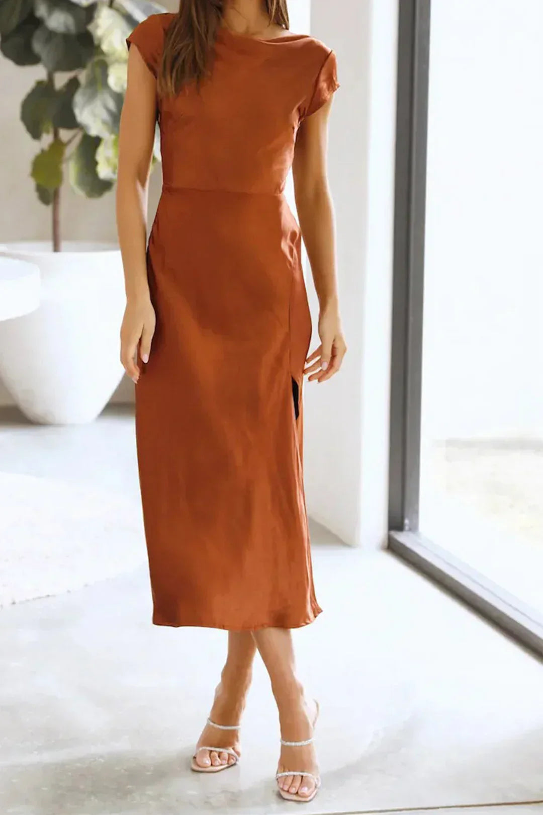 Women’s Midi Length Slip Dress With Minimalist Silhouette And Timeless Elegance