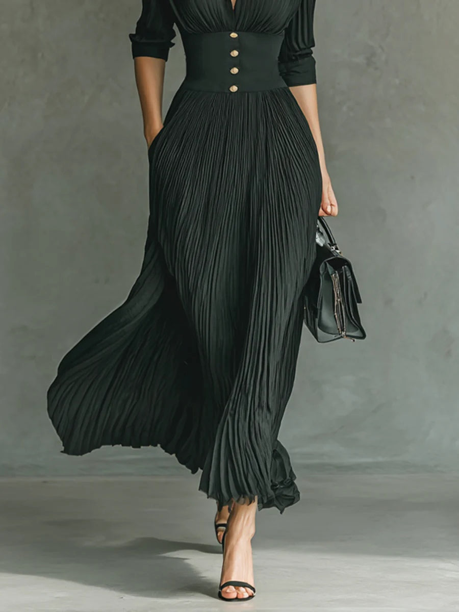 The Astraea Elegant Pleated Lapel Waist Maxi Dress