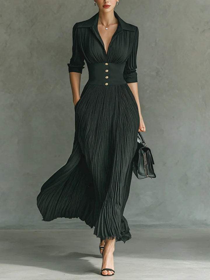 Lyra Elegant Pleated Lapel Waist Maxi Dress With Belted Silhouette And Long Sleeves