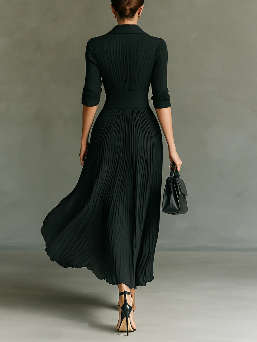 Lyra Elegant Pleated Lapel Waist Maxi Dress With Belted Silhouette And Long Sleeves