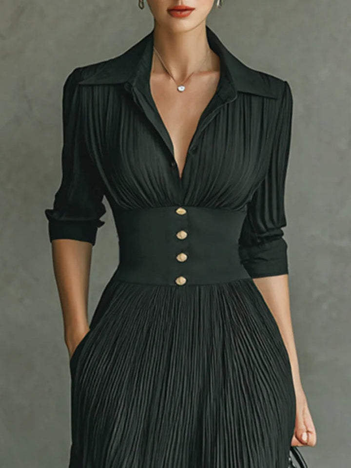 The Astraea Elegant Pleated Lapel Waist Maxi Dress