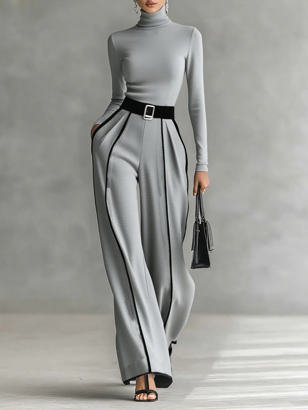 Nova Two-Piece High-Neck Top And Wide-Leg Pants Set With Belt