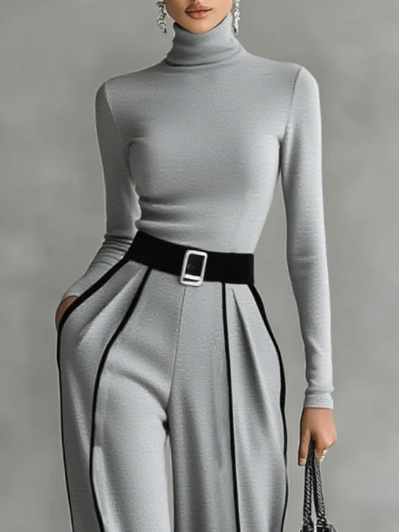 Nova Two-Piece High-Neck Top And Wide-Leg Pants Set With Belt