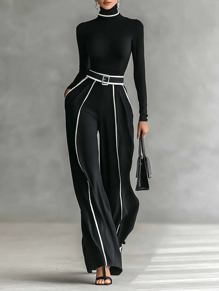 Nova Two-Piece High-Neck Top And Wide-Leg Pants Set With Belt
