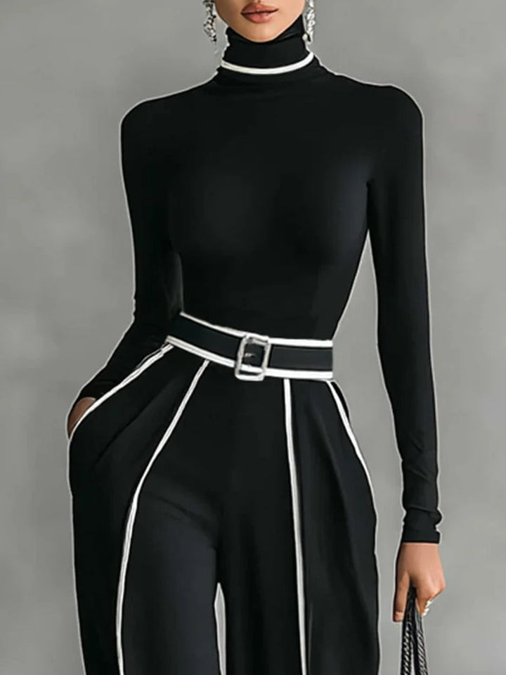 Nova Two-Piece High-Neck Top And Wide-Leg Pants Set With Belt