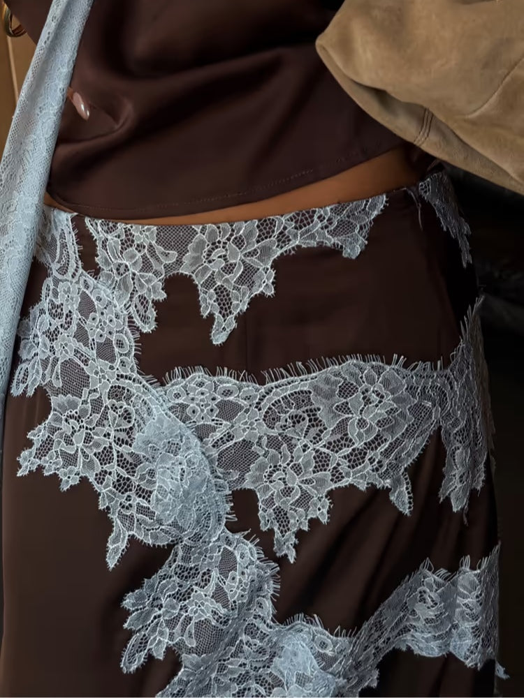 Astra Belle Elegant Lace Panel Top and Skirt Set for Feminine Style