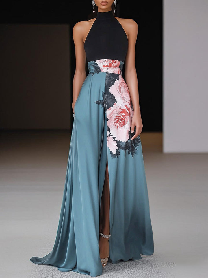 Aurelia Womens Floral Slit Crew Neck Sleeveless Maxi Dress