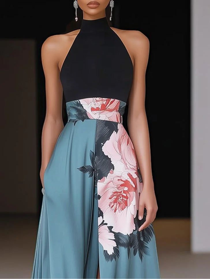 Aurelia Womens Floral Slit Crew Neck Sleeveless Maxi Dress