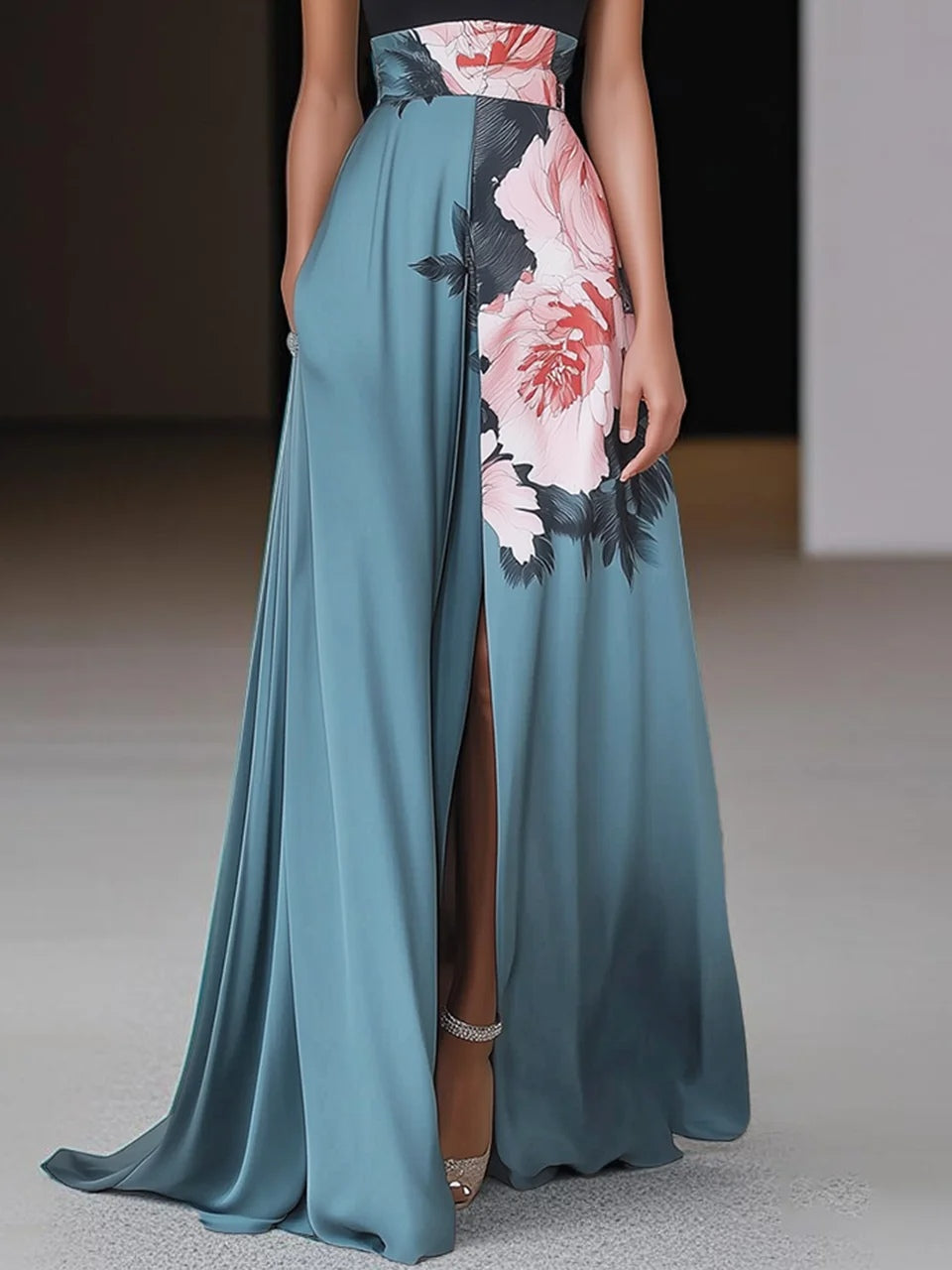 Aurelia Womens Floral Slit Crew Neck Sleeveless Maxi Dress