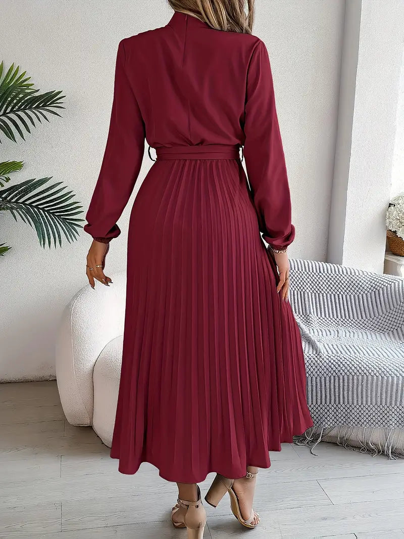 Aurora Elegant Women’s Long Sleeve Pleated Belted Dress