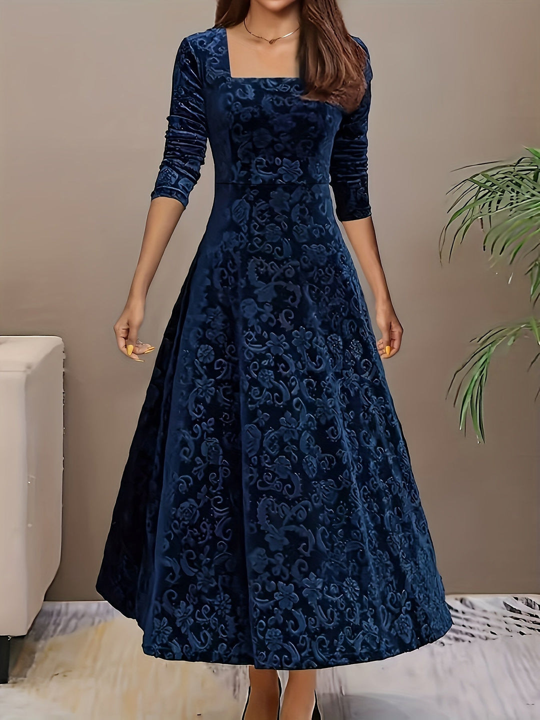 Elara Women's Graceful Floral Design Midi Dress For Weddings